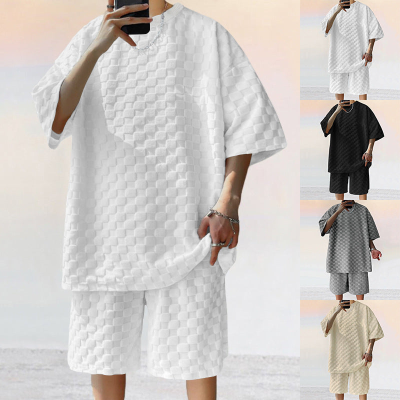 Herren nan oversized Lounge-Set mit strukturierter Waffel-Karo-Optik, Kurzarmshirt und Bermuda-Shorts Drune