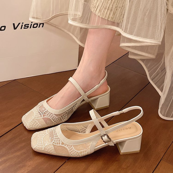Damen Slingback-Pumps mit floralem Spitzenmuster und elegantem Blockabsatz Drune