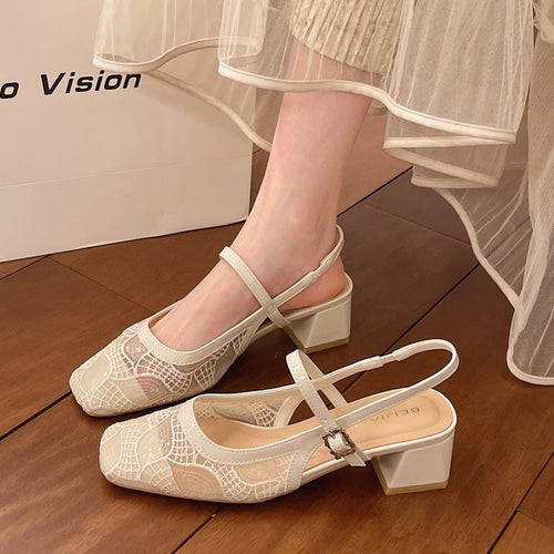 Damen Slingback-Pumps mit floralem Spitzenmuster und elegantem Blockabsatz Drune