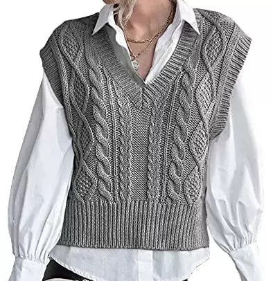 Damen Strickpullover im Vintage-Look mit V-Ausschnitt und Zopfmuster Drune