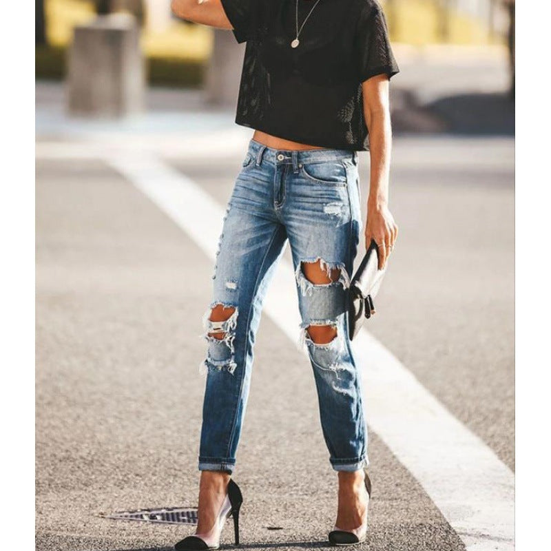 Damen Destroyed Slim-Fit Jeans mit trendigen Ausfransungen Drune