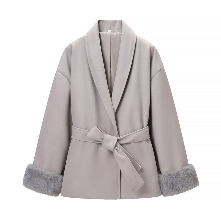 Damen Modische Jacke mit weich gefüttertem Kragen und Bindegürtel Drune