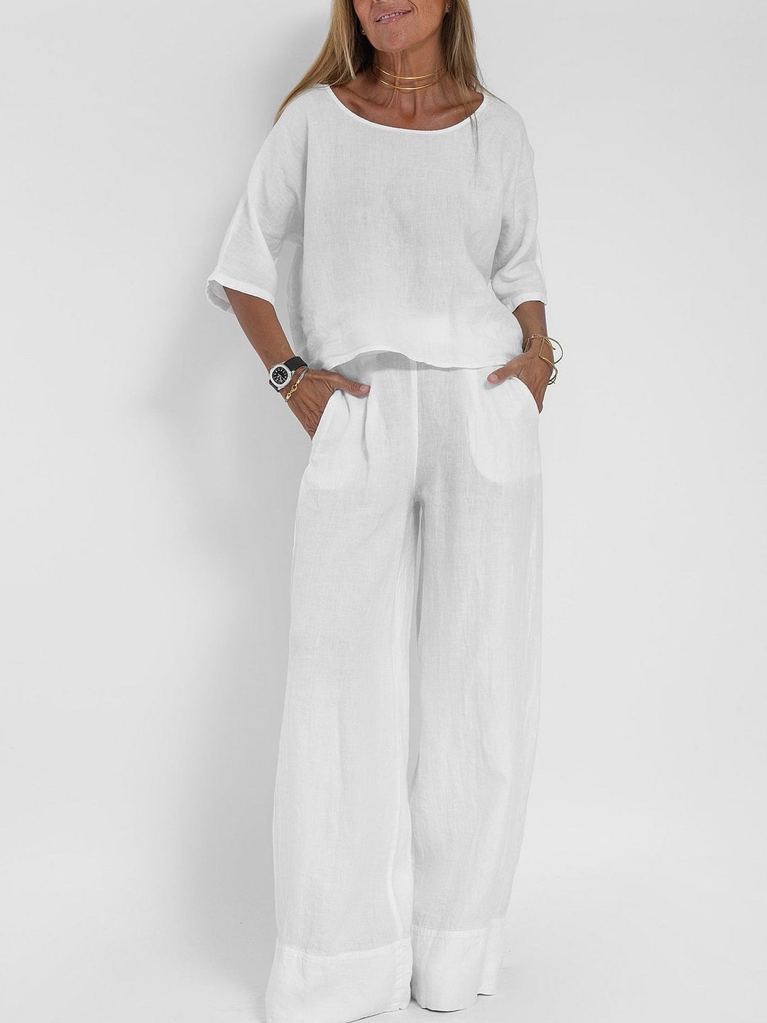 Damen lässiges Leinen-Set mit weitem Oberteil und palazzo Hosen Drune