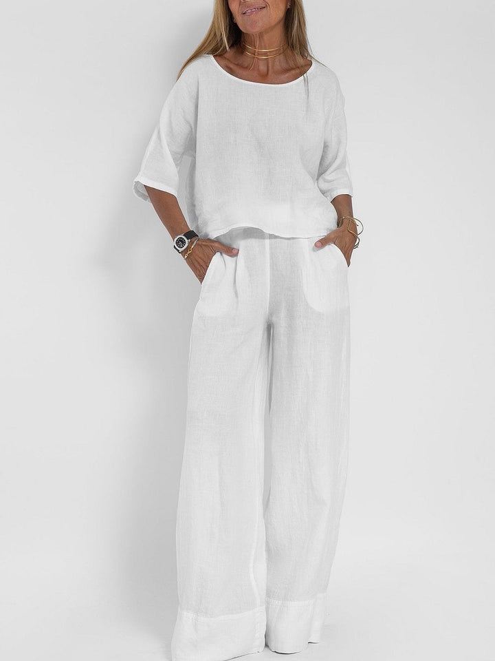 Damen lässiges Leinen-Set mit weitem Oberteil und palazzo Hosen Drune