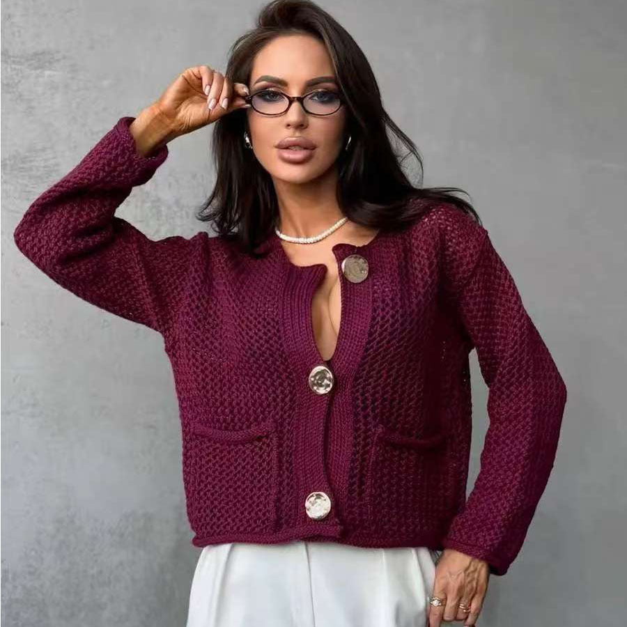 Damen Strickjacke mit Netzstruktur und großen Knopfdetails Drune