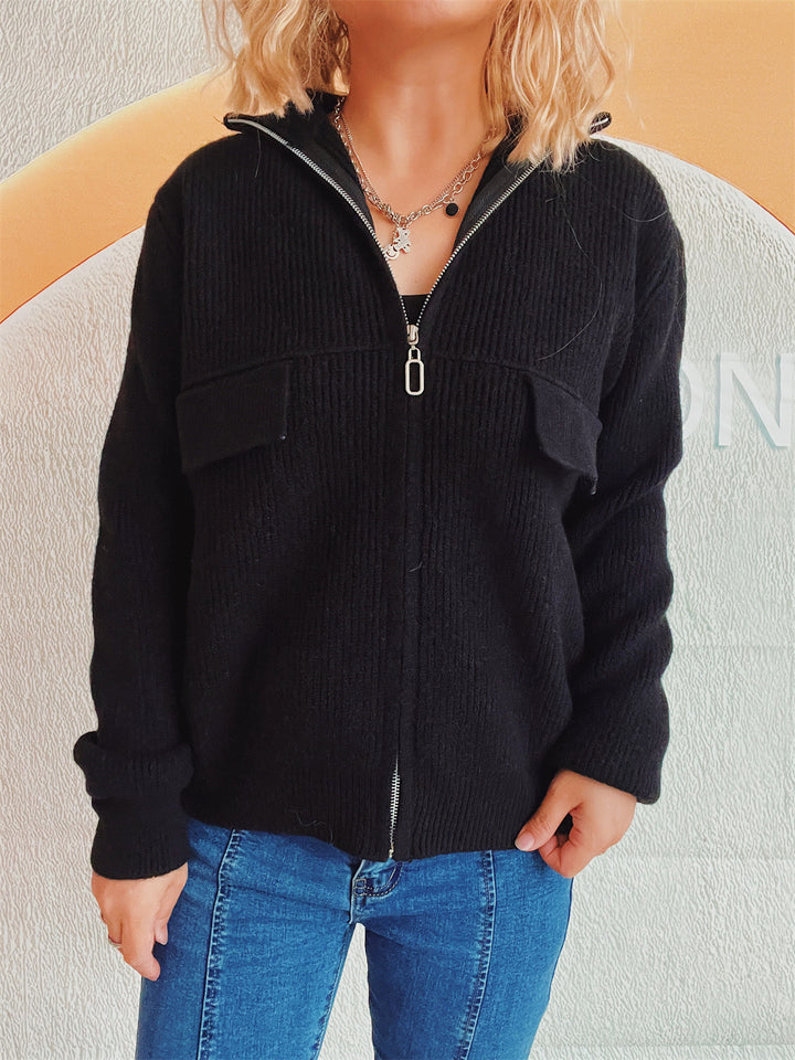 Damen lässige Strickjacke mit praktischen Taschen und hohem Kragen Drune