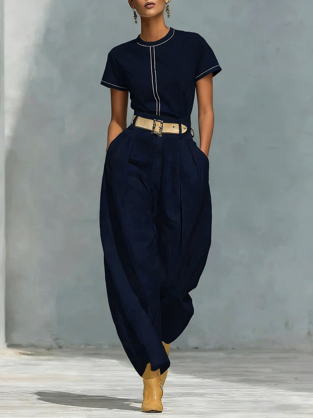 Damen Elegante Bundfaltenhose mit lockerer Passform und verstellbarem Gürtel Drune