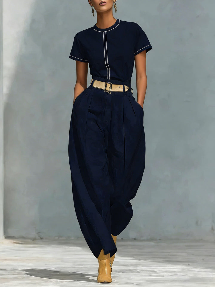 Damen Elegante Bundfaltenhose mit lockerer Passform und verstellbarem Gürtel Drune