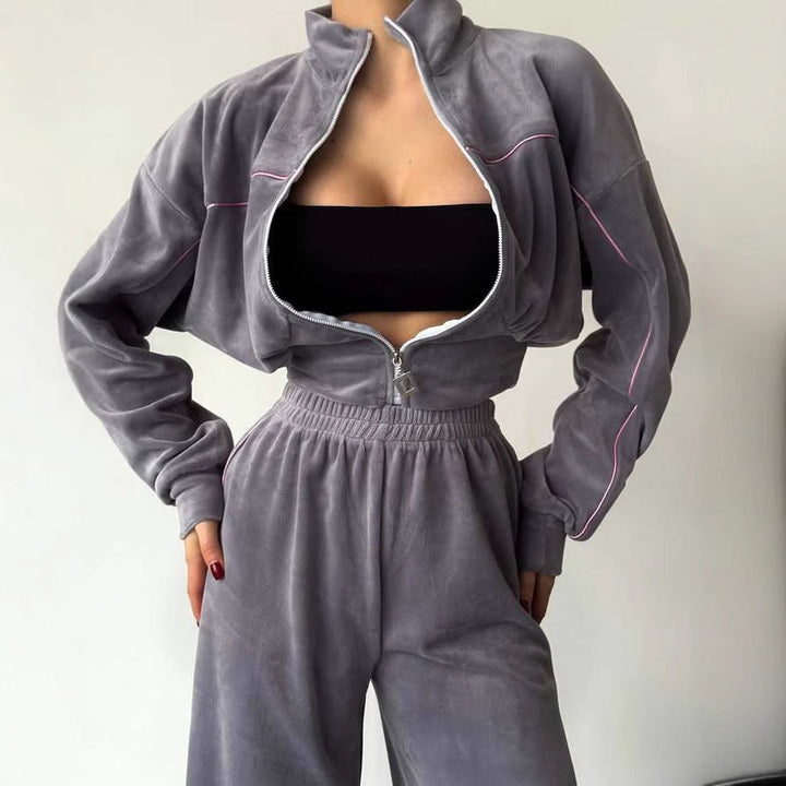 Damen modischer Fleece-Trainingsanzug mit kurzem Reißverschluss und elastischem Bund Drune