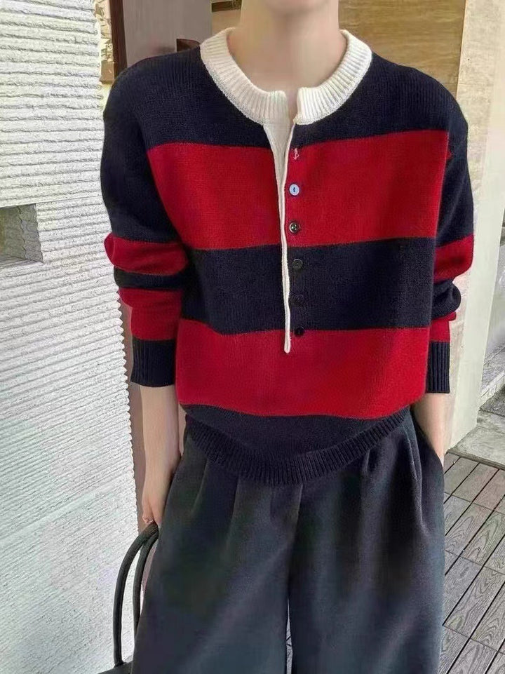 Damen sportlicher Strickpullover mit Knopfleiste und grafischem Muster Drune