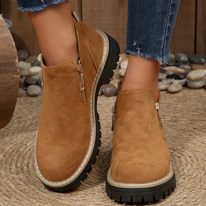 Damen nan knöchelhohe Stiefelette mit dekorativem Reißverschluss gepolstertem Schaft und robuster Profilsohle Drune