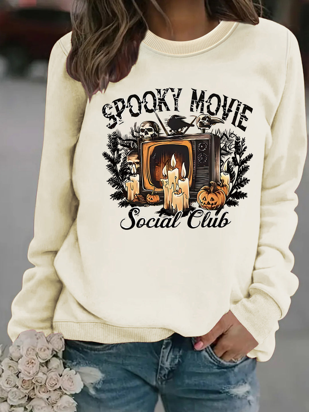Damen Sweatshirt mit spooky Film-Motiv und lässigem Schnitt Drune