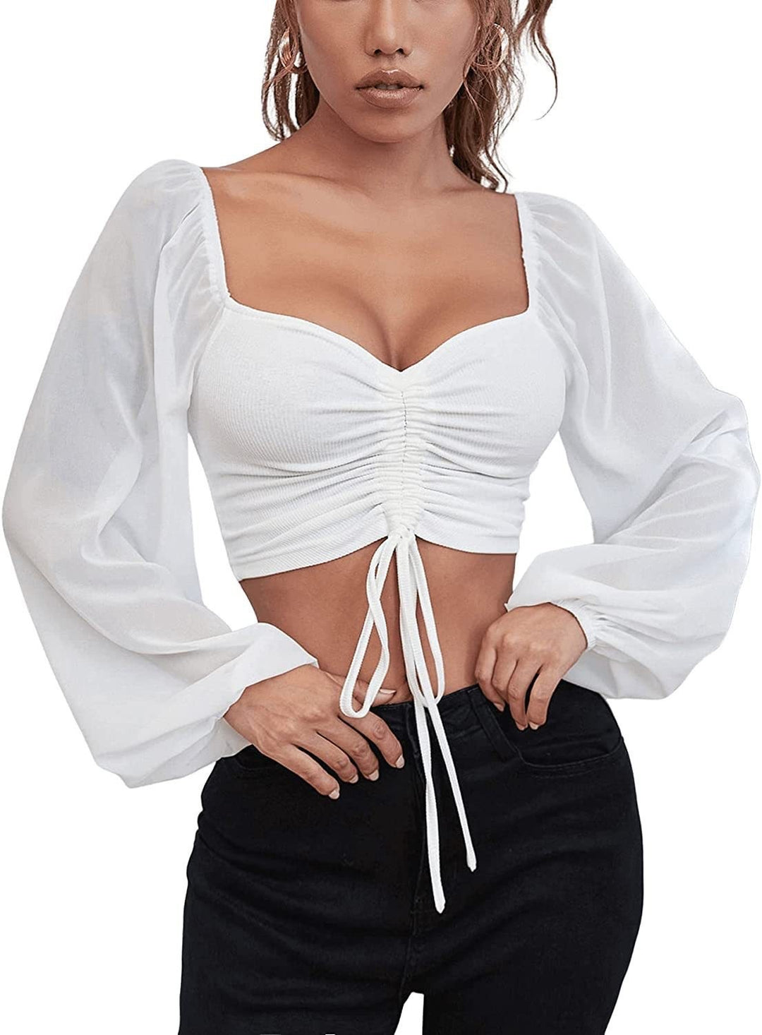 Damen Crop-Top mit strukturiertem Körper und eleganten Puffärmeln Drune