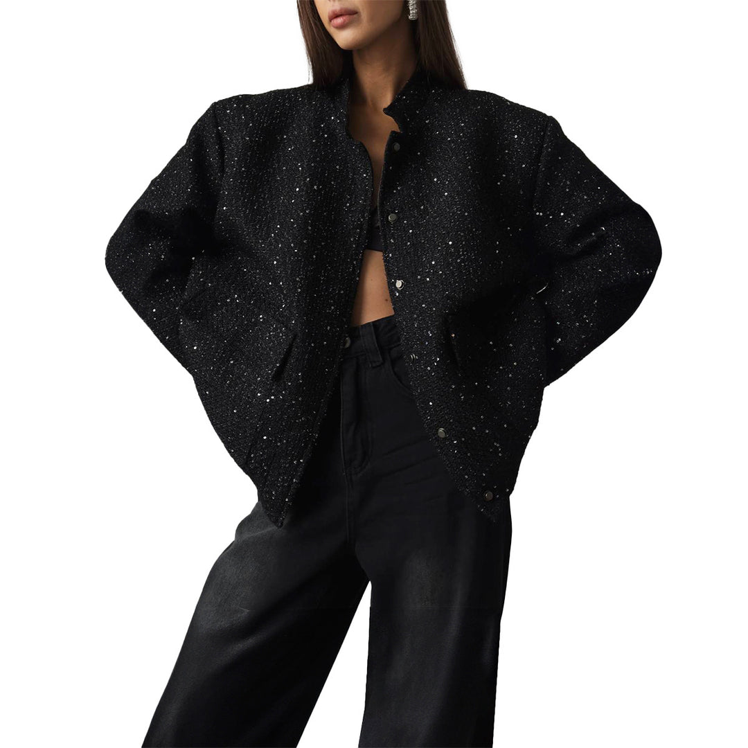 Damen Elegante Funkelnde Jacke mit Taschen und elastischem Saum Drune