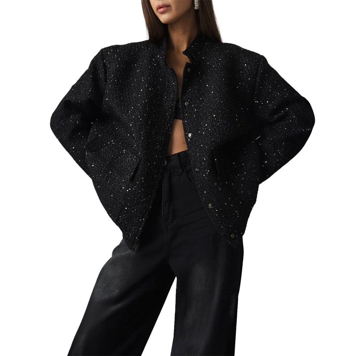 Damen Elegante Funkelnde Jacke mit Taschen und elastischem Saum Drune