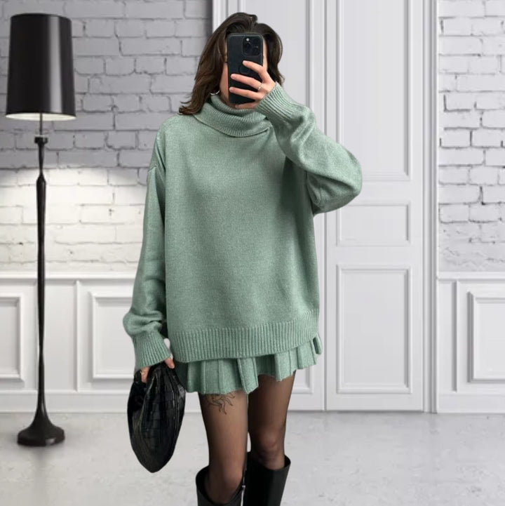 Damen Oversized Strickpullover mit hochwertiger Rippstruktur und passendem Minirock Drune