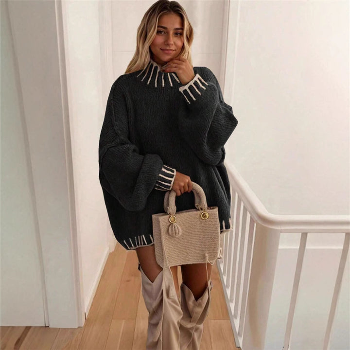 Damen Oversized Strickpullover mit dekorativem Kragen Drune