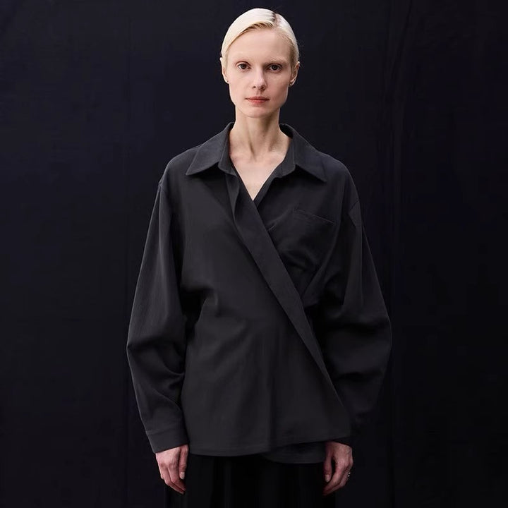 Damen oversized Bluse mit Wickeloptik und praktischer Brusttasche Drune