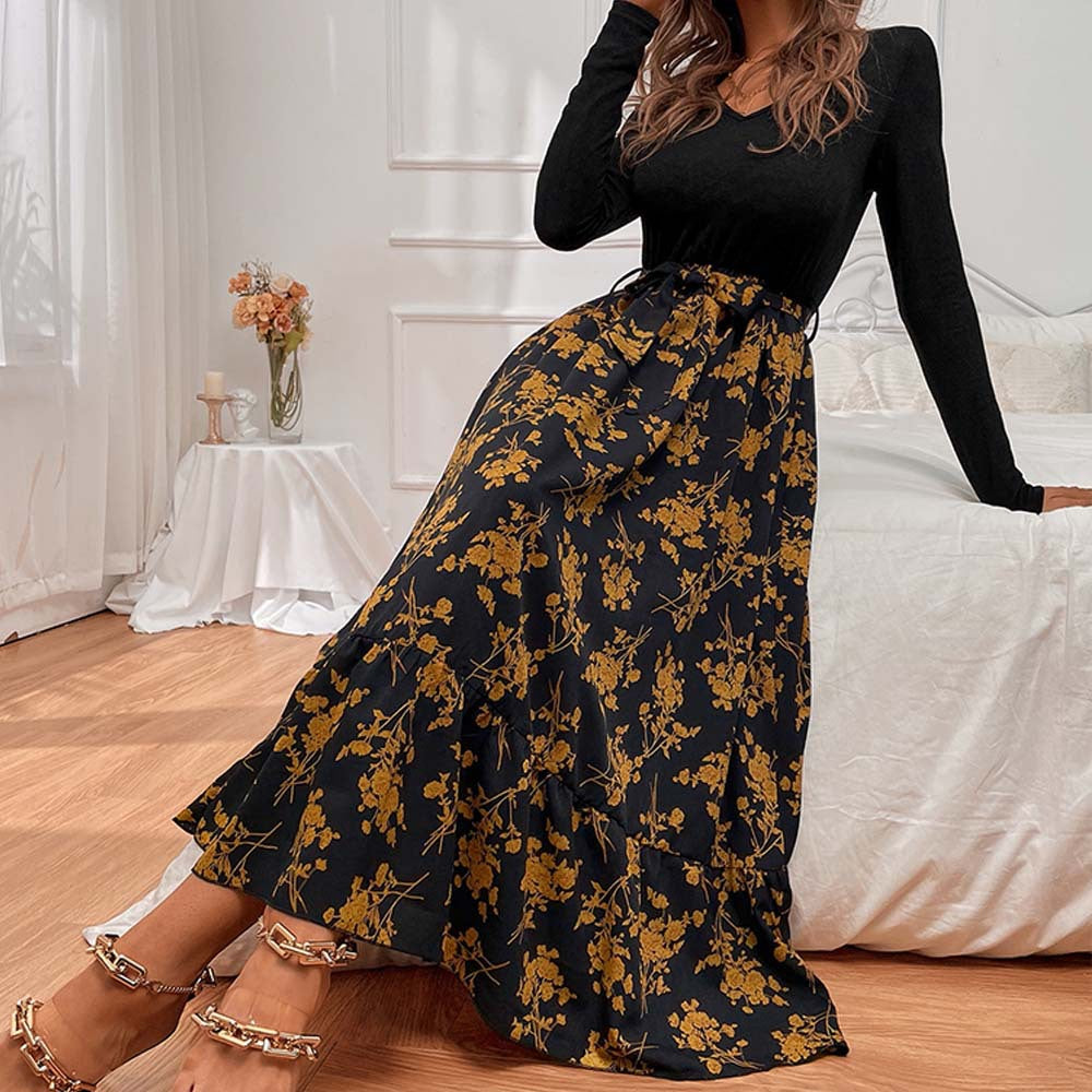 Damen Maxikleid mit tiefem V-Ausschnitt und floralem Rock Drune