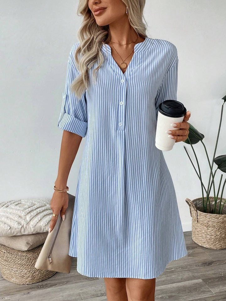 Damen Hemdkleid im eleganten Streifenlook mit Knopfleiste und tiefem V-Ausschnitt Drune