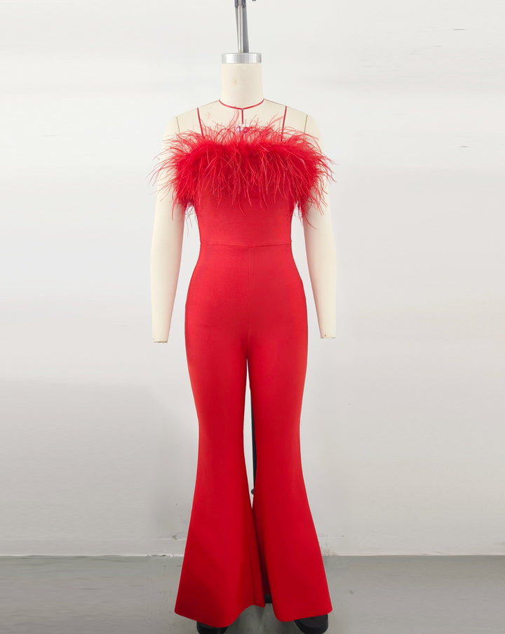 Damen Culotte-Overall mit glamourösem Federbesatz Drune