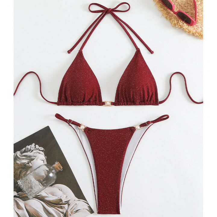 Damen Triangel-Bikini mit glitzerndem Stoff und verstellbaren Trägern Drune