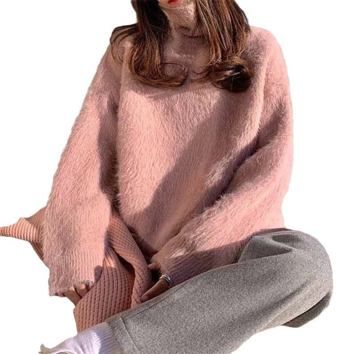 Damen Flauschiger Pullover mit Lockere Passform und Hohem Kragen Drune