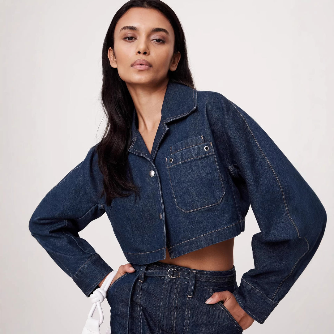 Damen Denim-Crop-Jacke und Minirock Set Drune