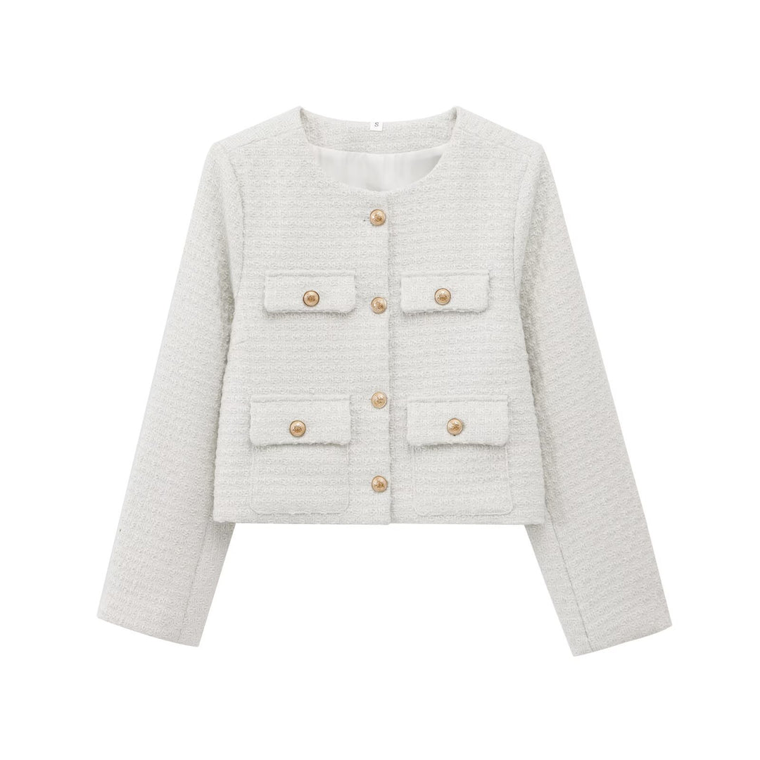 Damen modische Kurzjacke mit dekorativen Taschen und eleganter Knopfdetail Drune