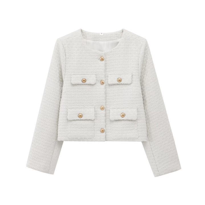 Damen modische Kurzjacke mit dekorativen Taschen und eleganter Knopfdetail Drune