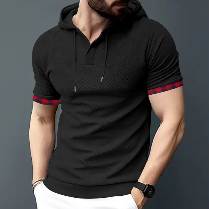 Herren nan figurbetontes Kurzarm-Kapuzenpoloshirt mit Henley-Blende und Kordelzug Drune