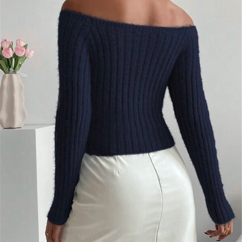 Damen Off-Shoulder Strickpullover mit feiner Rippstruktur und langen Ärmeln Drune