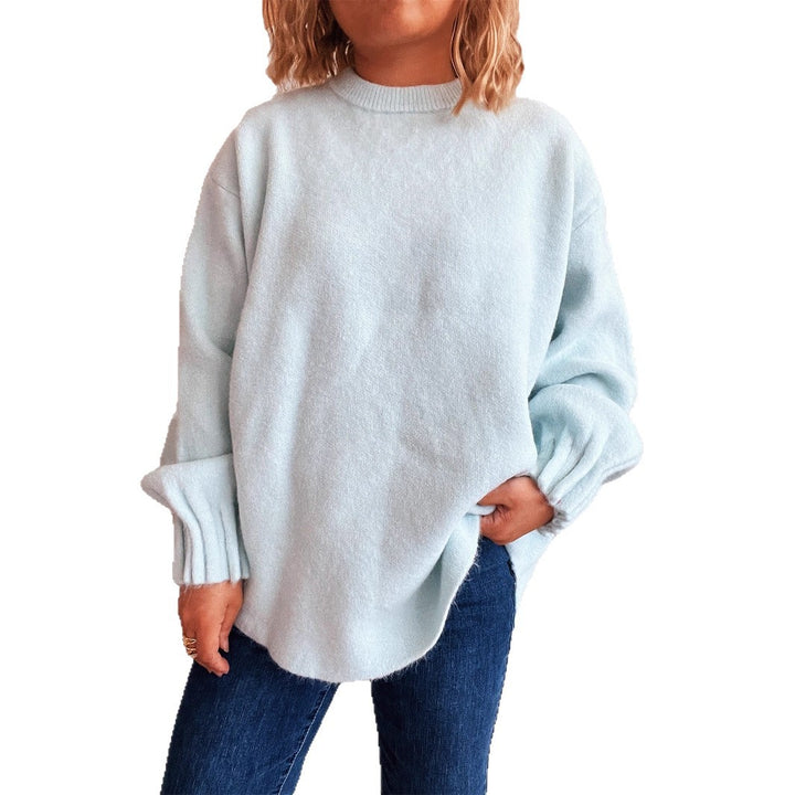 Damen lässiger Strickpullover mit weitem Rundhalsausschnitt und fluffiger Textur Drune