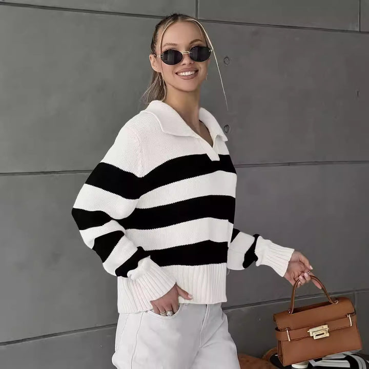 Damen lässiger Pullover mit V-Ausschnitt und breiten Streifen Drune