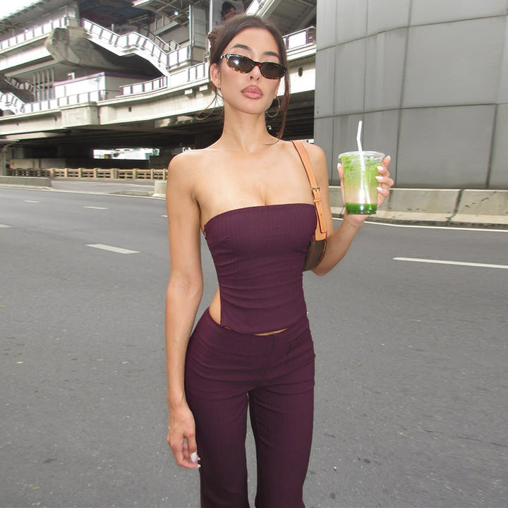 Damen elegantes Set aus trägerlosem Oberteil und flared Hose Drune