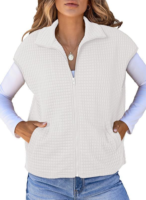 Damen Leichte Waffelstrick Weste mit Taschen und Stehkragen Drune