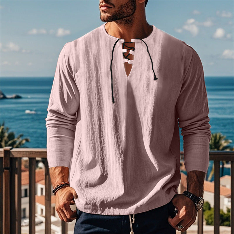 Herren modisches Langarmshirt mit Schnürung und V-Ausschnitt Drune