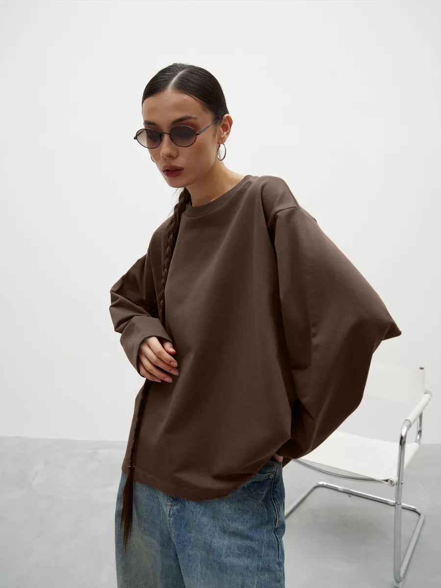 Damen lässiges Langarmshirt mit Rundhalsausschnitt und weichem Baumwollstoff Drune
