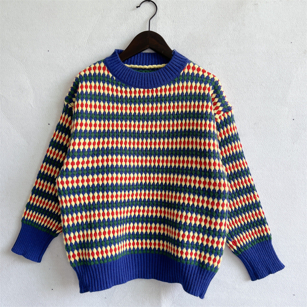 Damen lässiger Strickpullover mit buntem Rautenmuster und Rundhalsausschnitt Drune
