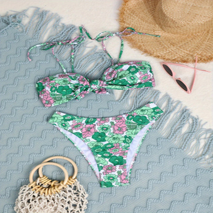 Damen Triangel-Bikini mit floralem Design und verstellbaren Schnüren Drune