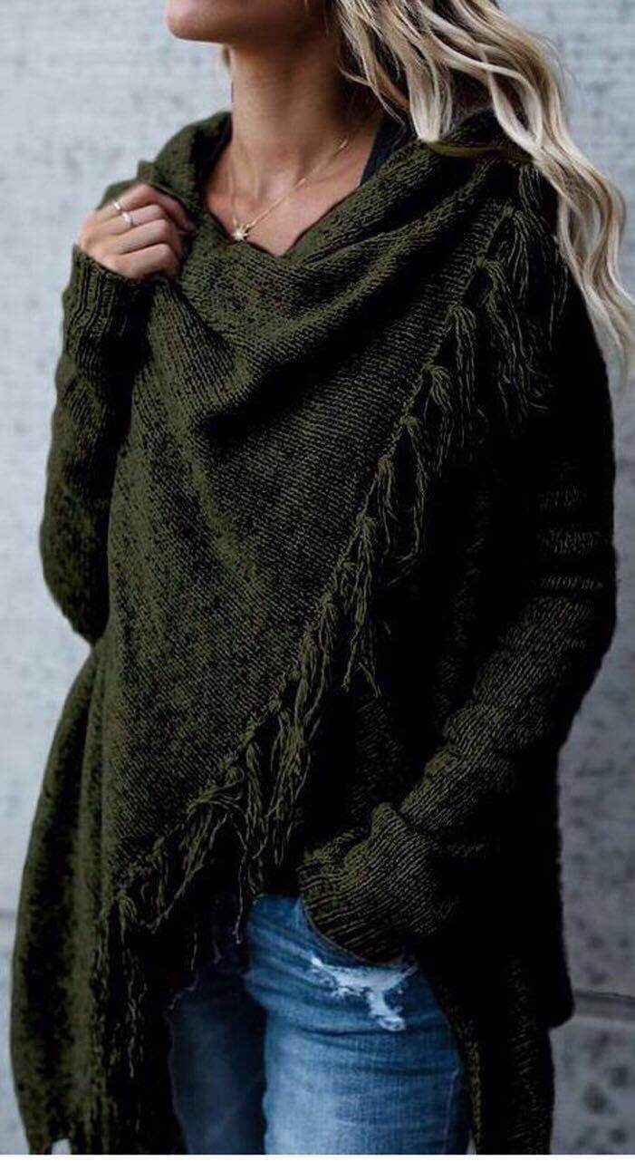 Damen gemütlicher Poncho mit Fransen Drune