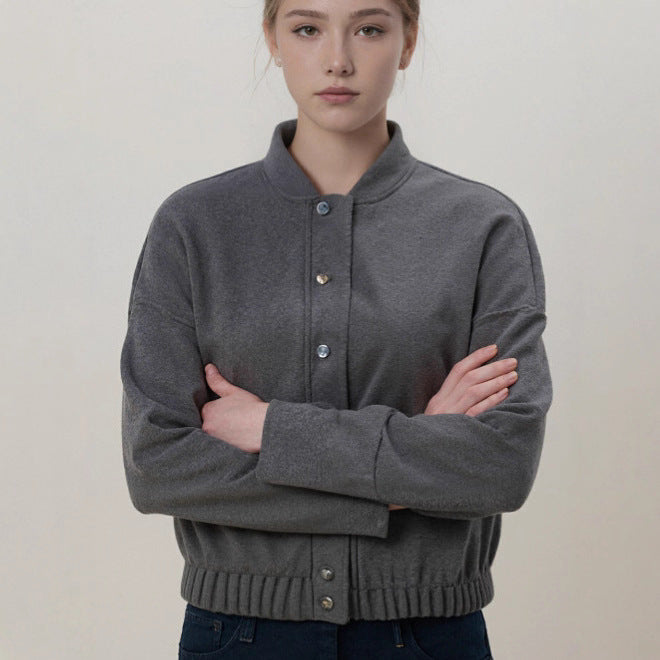 Damen nan kuschelige Fleece-Bomberjacke mit Stehkragen Rippbund und Druckknopfleiste Drune