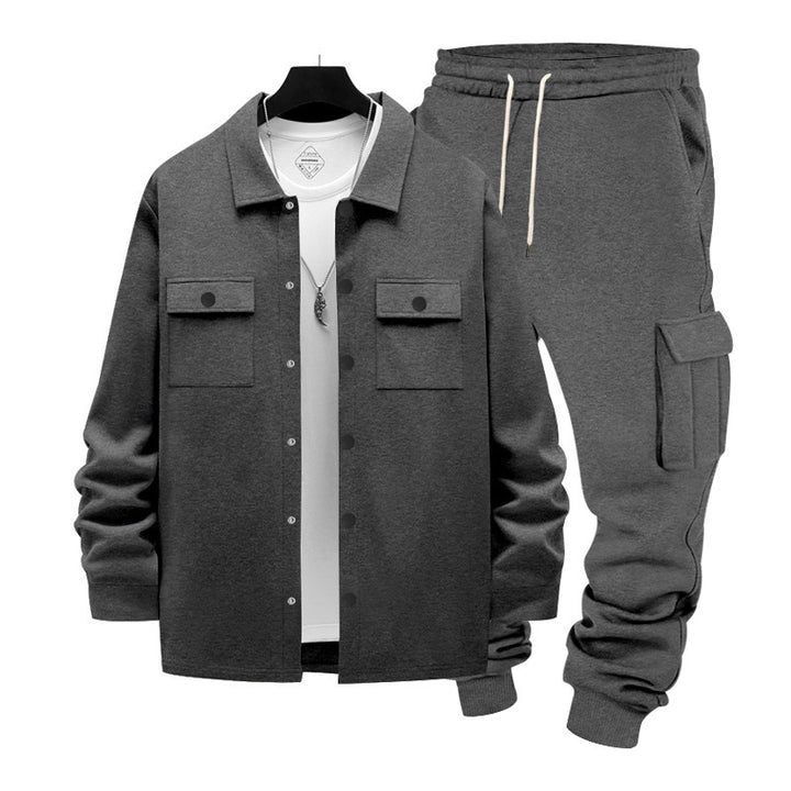 Herren nan lässiges Baumwoll-Misch Overshirt und Cargo-Jogger Set mit Kordelzug, Pattentaschen und elastischen Bündchen Drune