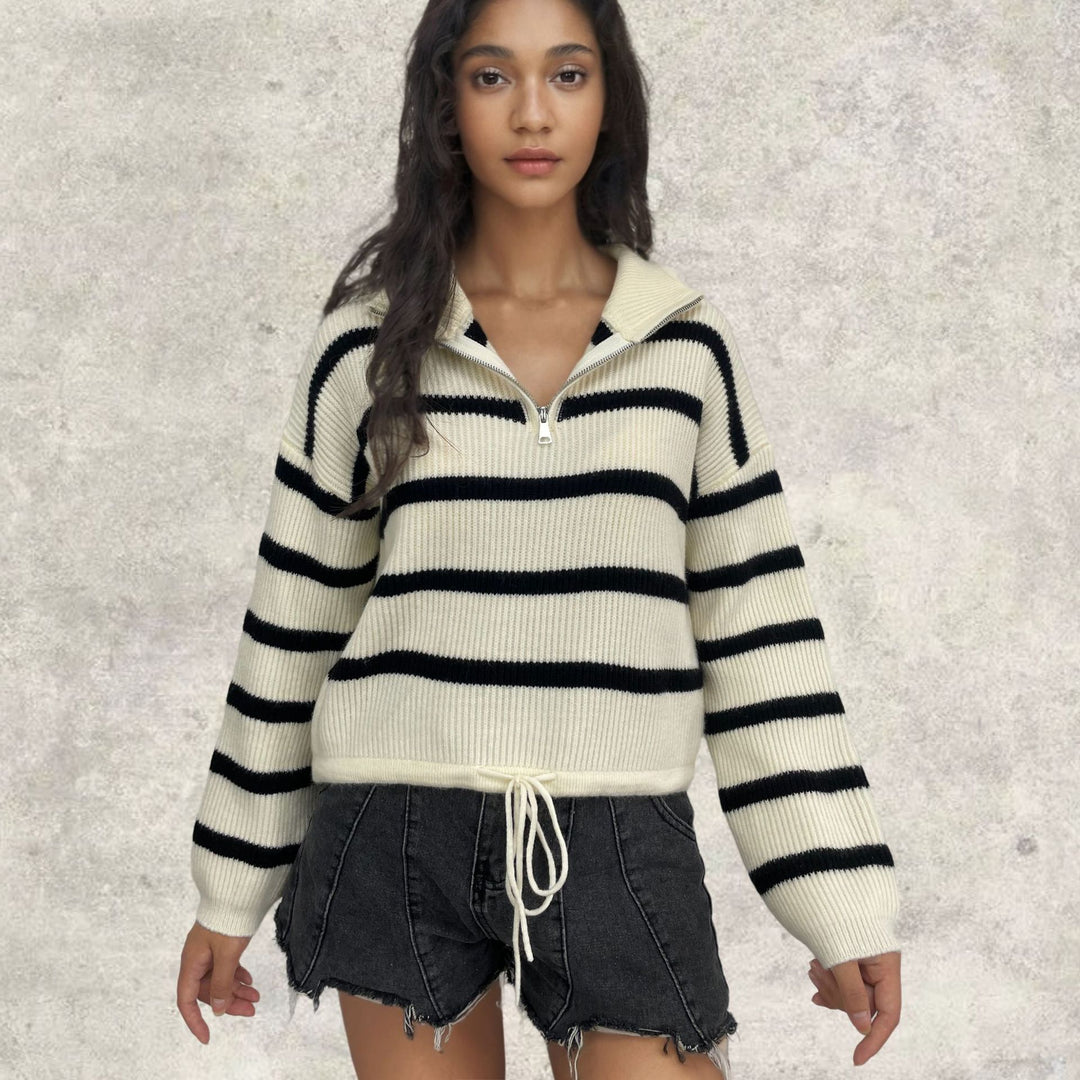 Damen Strickpullover mit Stehkragen und Kordelzug Drune