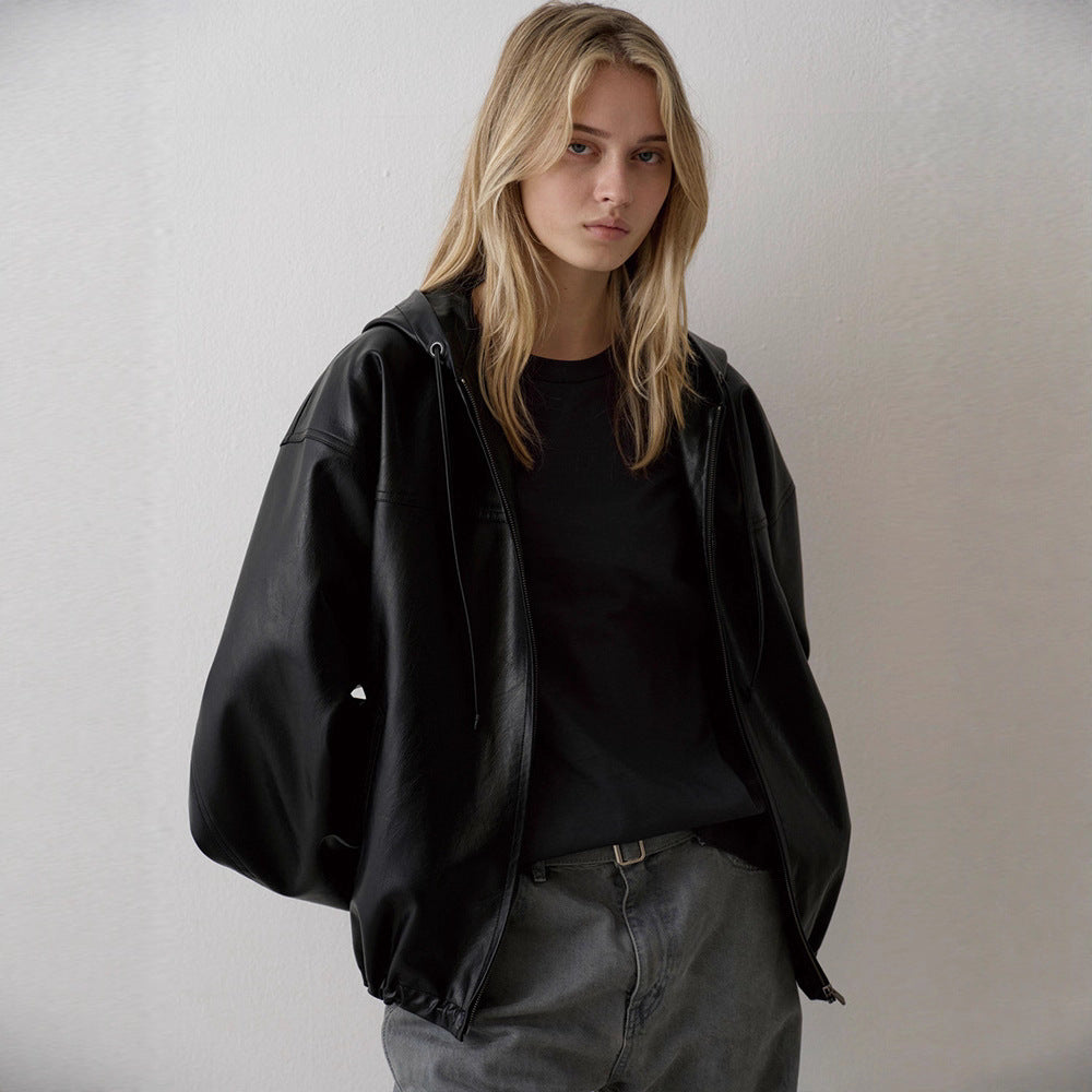 Damen Lässige Kunstlederjacke mit Kapuze Drune