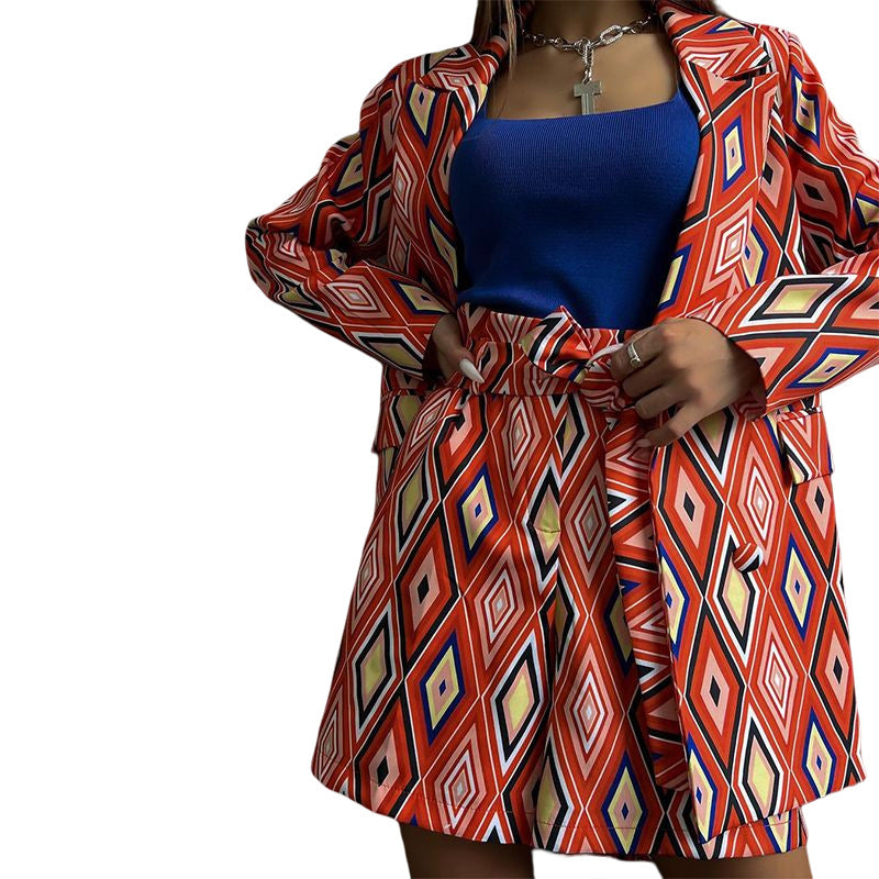 Damen Blazer und Shorts Set mit geometrischem Muster und taillierbarem Gürtel Drune