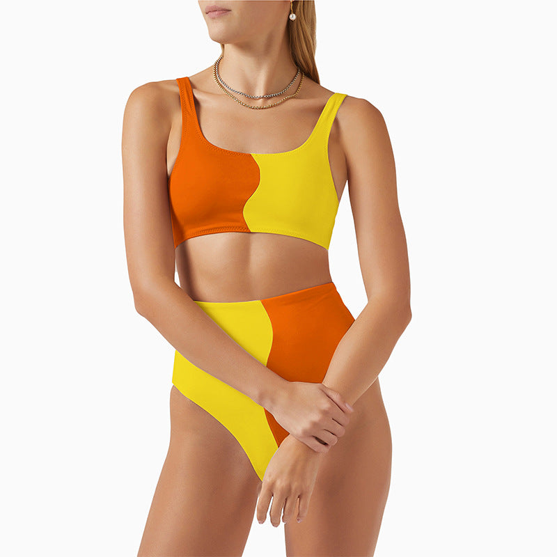 Damen Hochgeschnittenes Bikini-Set mit kontrastierenden Farbblöcken Drune