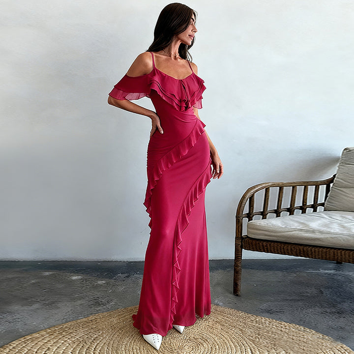 Damen elegantes Maxikleid mit asymmetrischem Rüschendesign Drune