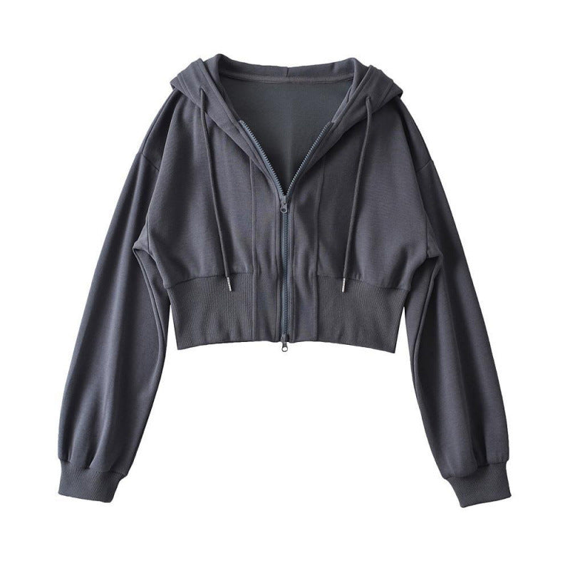 Damen cropped Kapuzenjacke mit Reißverschluss und elastischen Bündchen Drune