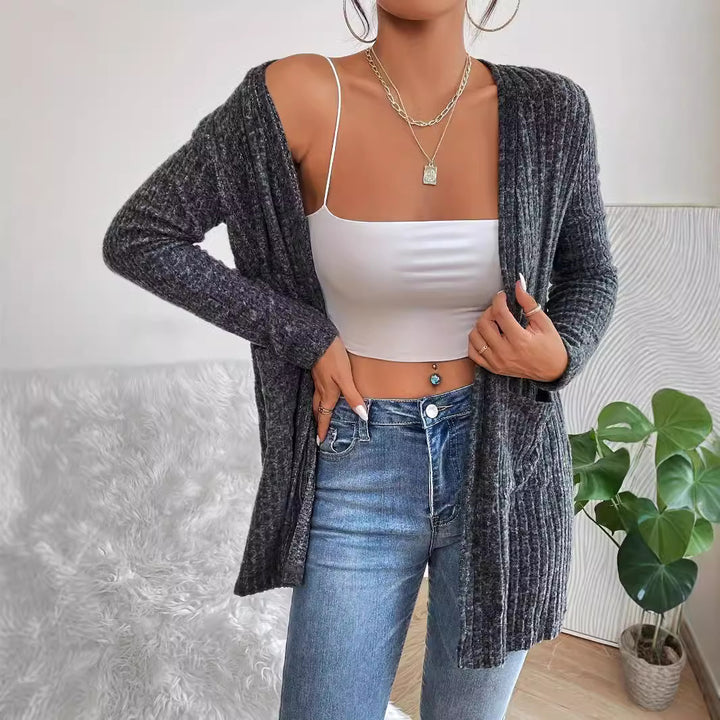 Damen Strickjacke mit offenen Front und diaganalem Rippstrickmuster Drune